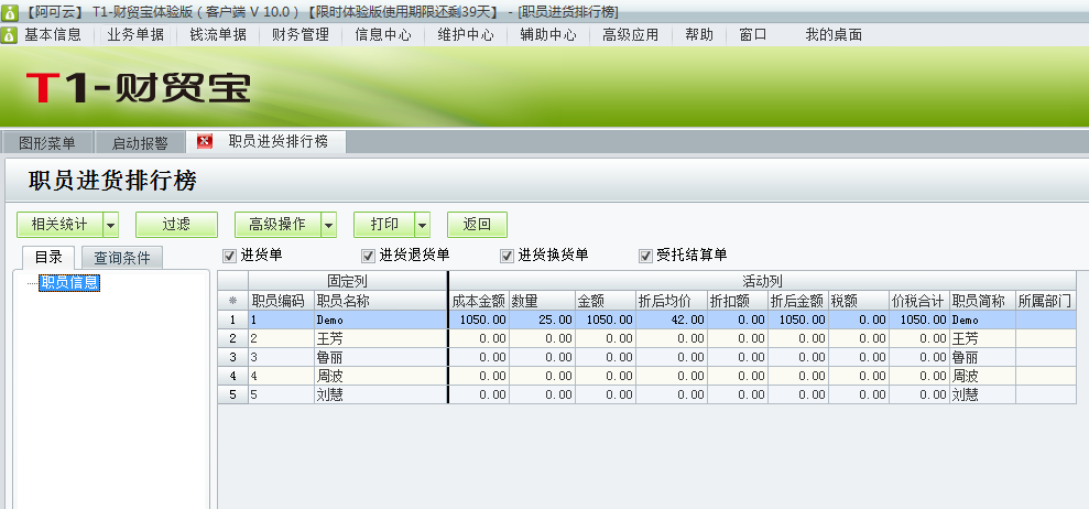 用友t1財貿(mào)寶10.0怎樣查詢員工的進(jìn)貨情況？