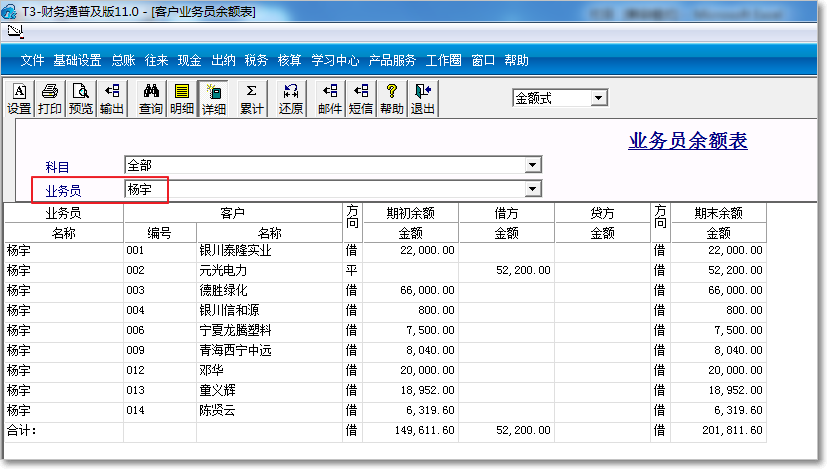 用友T3普及版業(yè)務員余額表